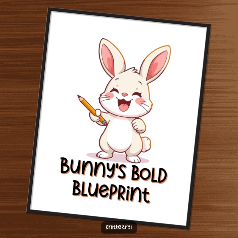 Funny bunny artist digital art print of a joyful rabbit casting a pattern onto fabric with a pencil, high-quality download.