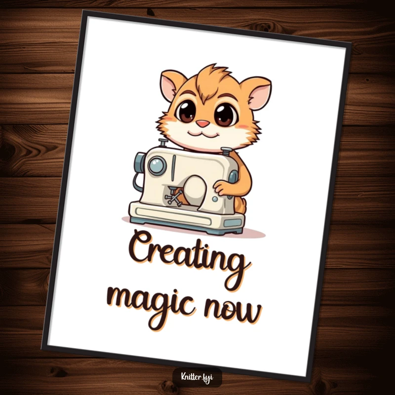 Funny Digital Art Print: A determined creature with a focused gaze smiles while operating a miniature sewing machine.