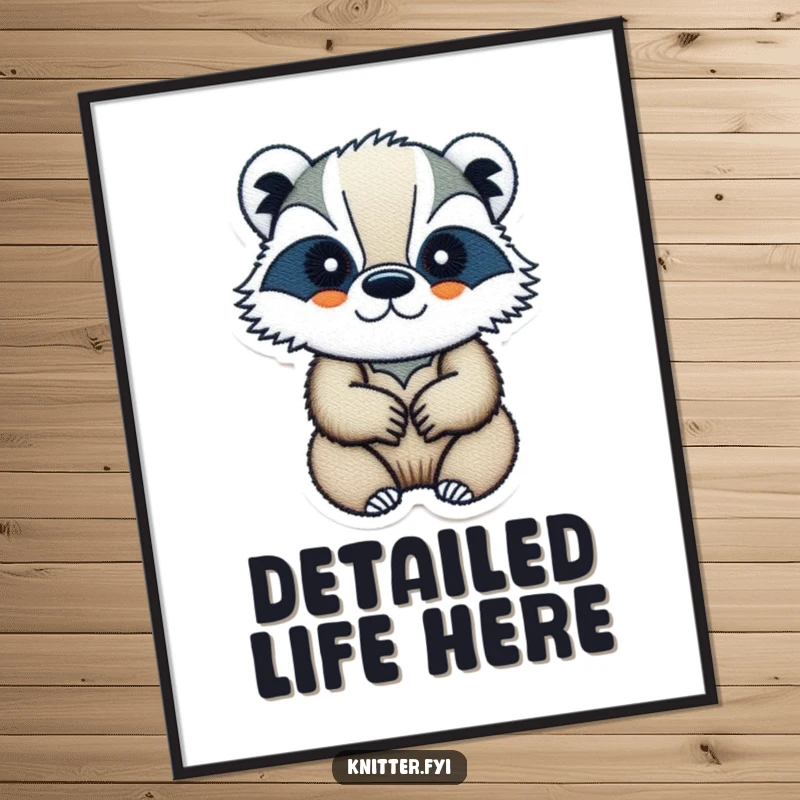 Funny badger digital art print of a determined badger embroidering, humorous downloadable art.