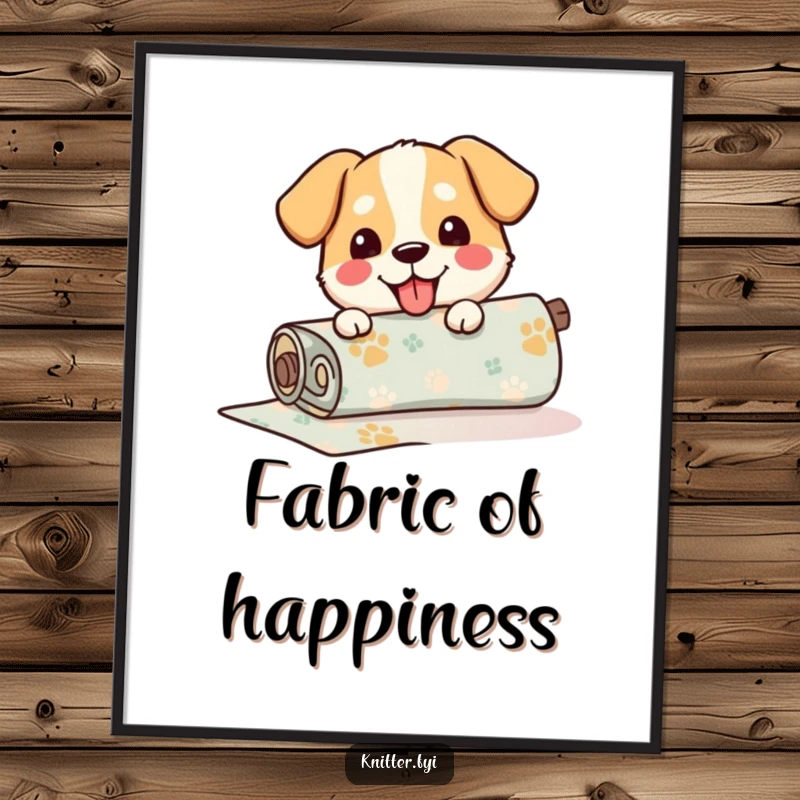 Funny Digital Art Print of a happy dog carefully unrolling a roll of patterned fabric, a heartwarming and joyful piece.