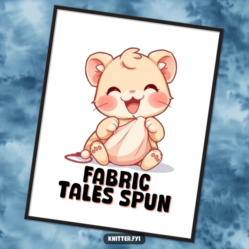 Funny digital art print of a delighted creature with nimble paws skillfully guiding a needle through soft cloth, celebrating the art of sewing.