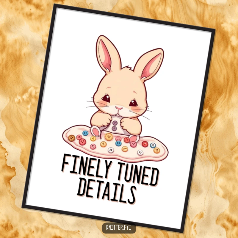 Funny rabbit sewing digital art print of a determined bunny meticulously sewing tiny buttons onto fabric.