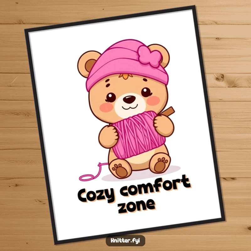 Funny bear cub digital art print of a smiling cub holding vibrant pink yarn, perfect for instant humorous decor.