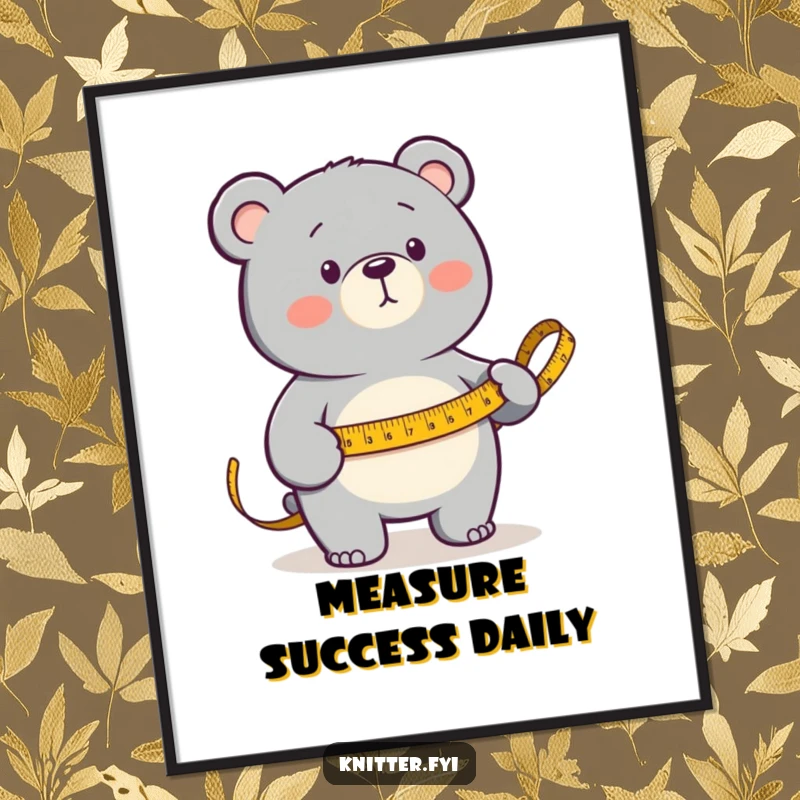 Funny Digital Art Print of a determined bear measuring fabric with a golden measuring tape, a piece celebrating focus and skill.