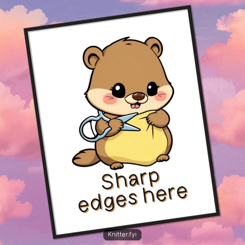 Funny beaver digital art print of a busy beaver cutting fabric with scissors, humorous downloadable wall art.