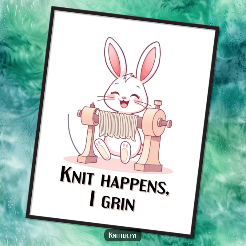 Funny bunny digital art print of a happy rabbit joyfully operating a large knitting machine with a grin.