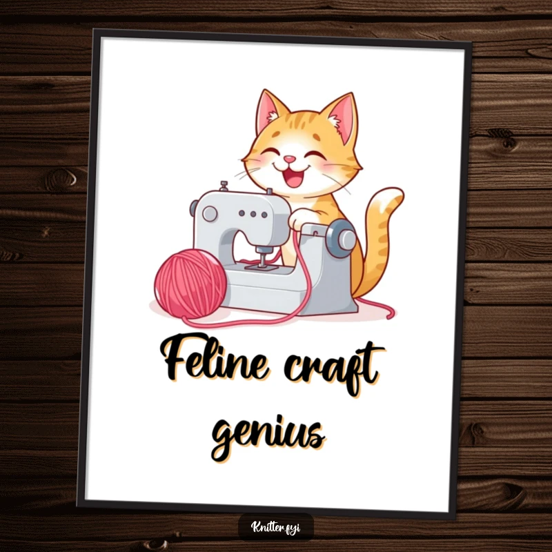 Funny happy cat digital art print sewing with yarn, instant download for a touch of crafty humor.