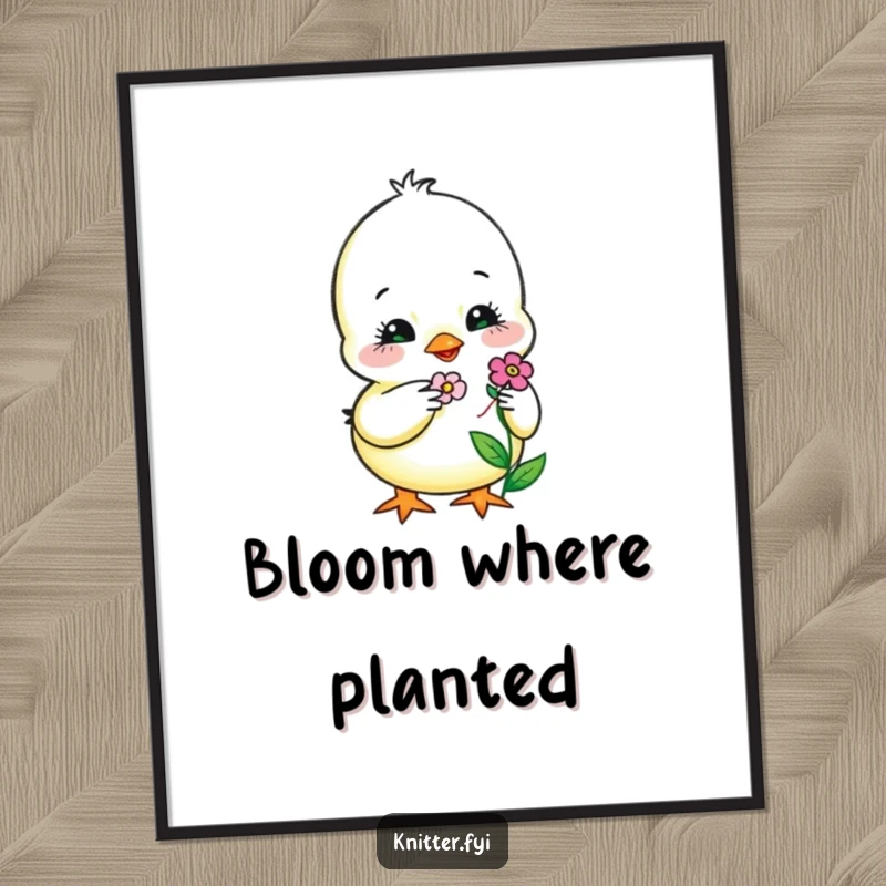 Funny Digital Art Print of a sweet chick carefully embroidering a tiny, smiling flower, a heartwarming and charming piece.