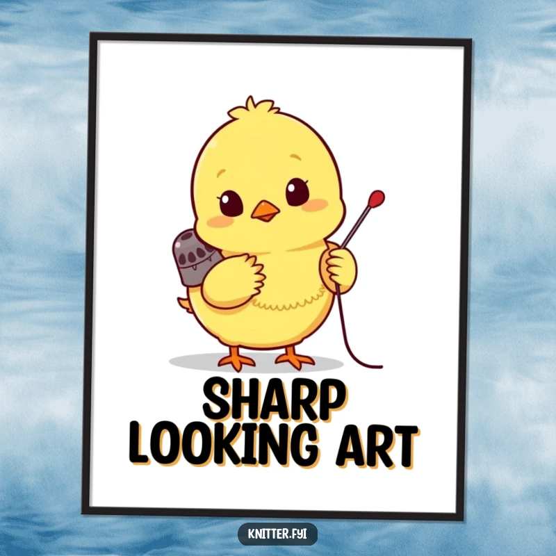 Funny chick digital art print, a bright yellow chick wearing a tiny thimble, eagerly pushing a needle, downloadable charm.