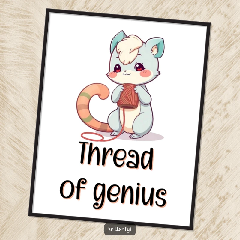 Funny digital art print: A playful creature with a long tail winds yarn onto a spool, representing focused crafting.