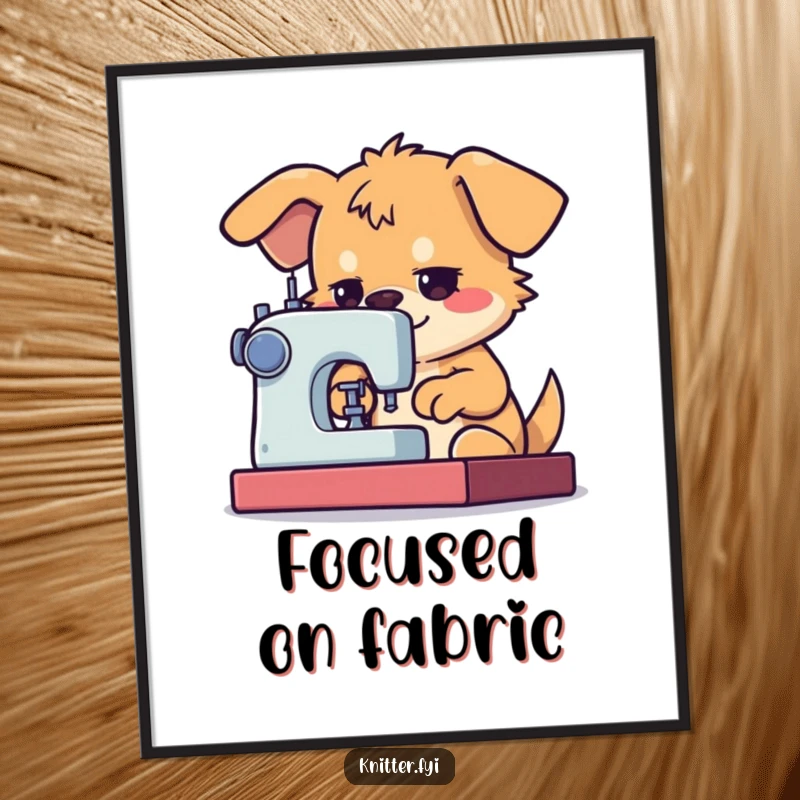 Funny Dog Sewing Digital Art Print of a determined dog character using a sewing machine with great focus, for craft rooms.