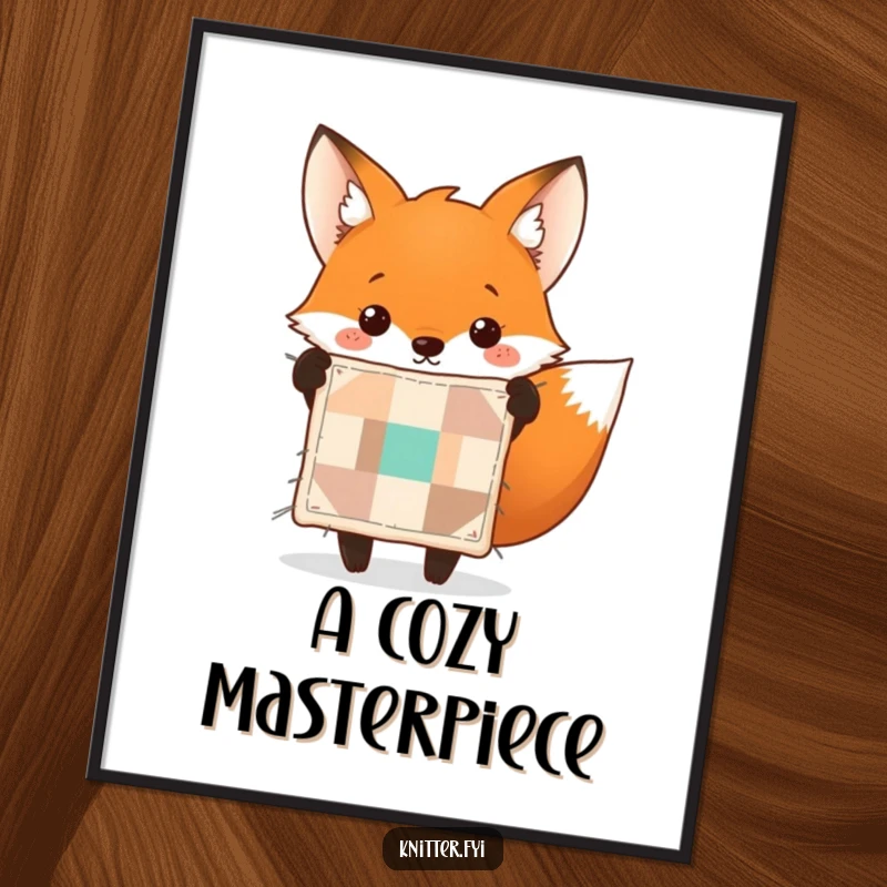 Funny fox quilt digital art print of a cheerful fox holding up a perfectly stitched tiny quilt.