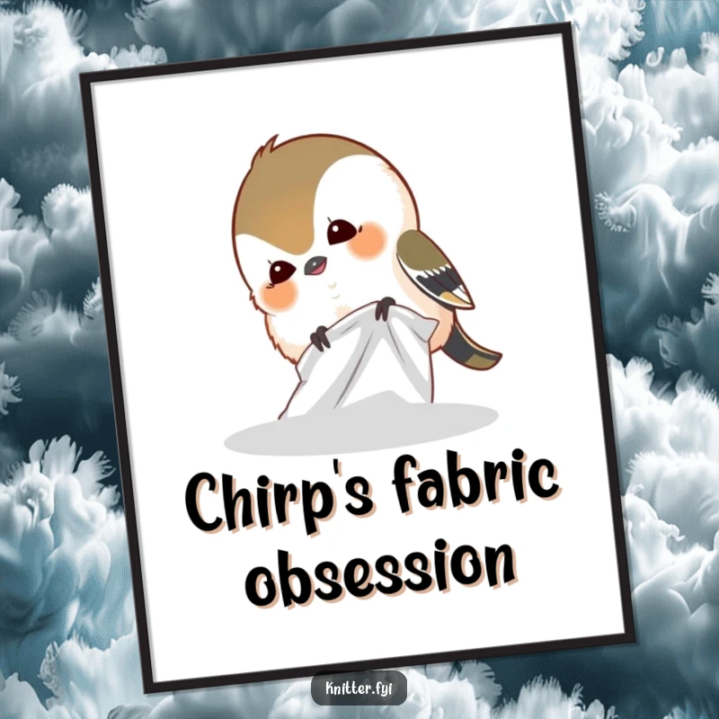 Funny digital art print of a giggling chickadee bird humorously pecking at a piece of fabric, brimming with personality.