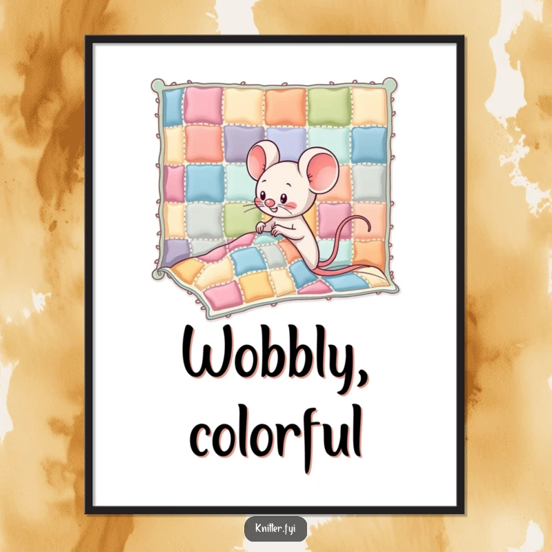 Funny Kawaii mouse character giggling while sewing colorful patches onto a wobbly quilt, a downloadable digital art print for decor.