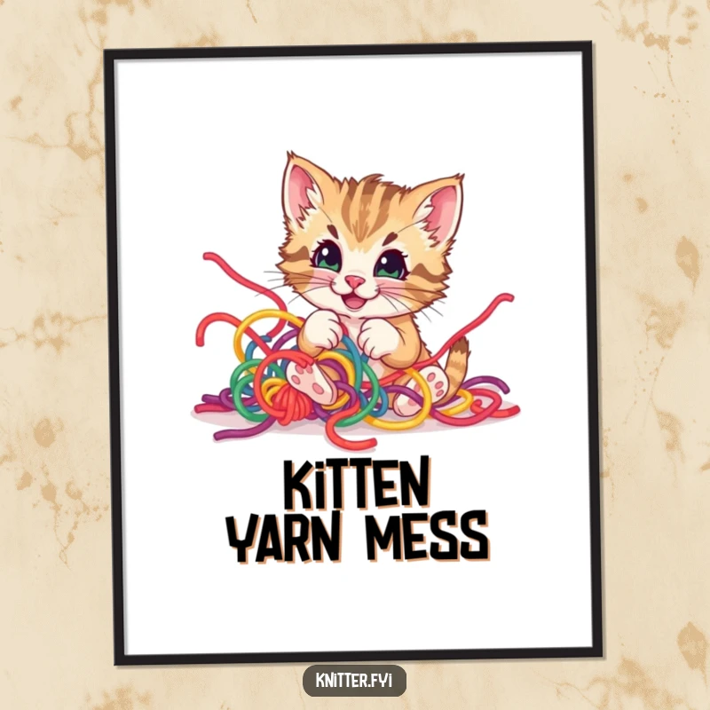 Funny kitten yarn digital art print, showing a playful kitten happily tangled in colorful yarn, whimsical and charming.