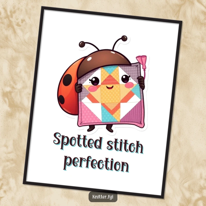 Funny ladybug digital art print of a proud character showcasing a perfectly stitched quilt square, ideal for decor.