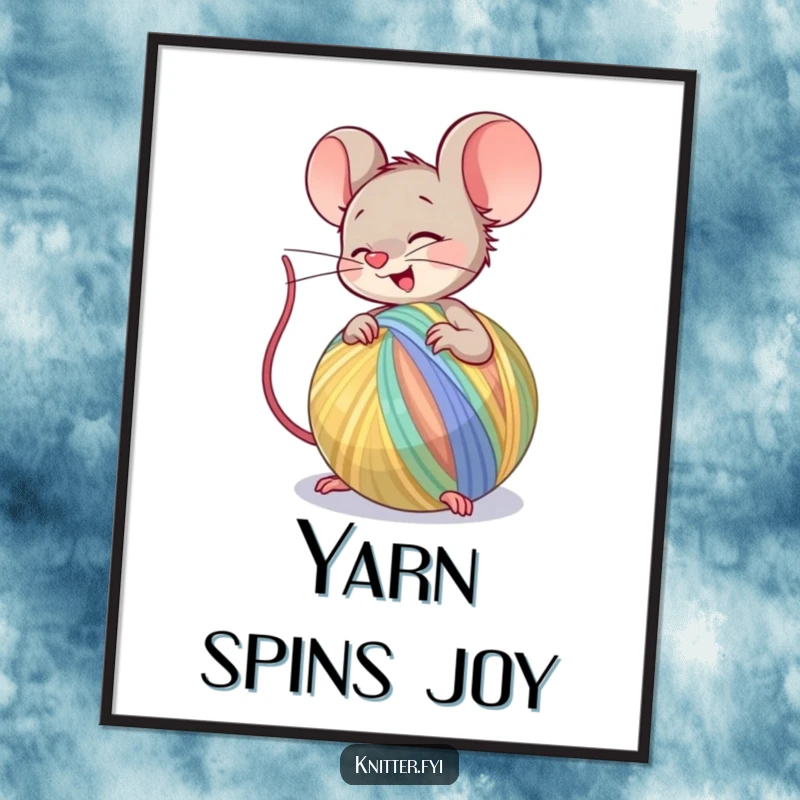 Funny Digital Art Print of a mouse character spinning a large ball of colorful yarn, symbolizing whimsical creativity.