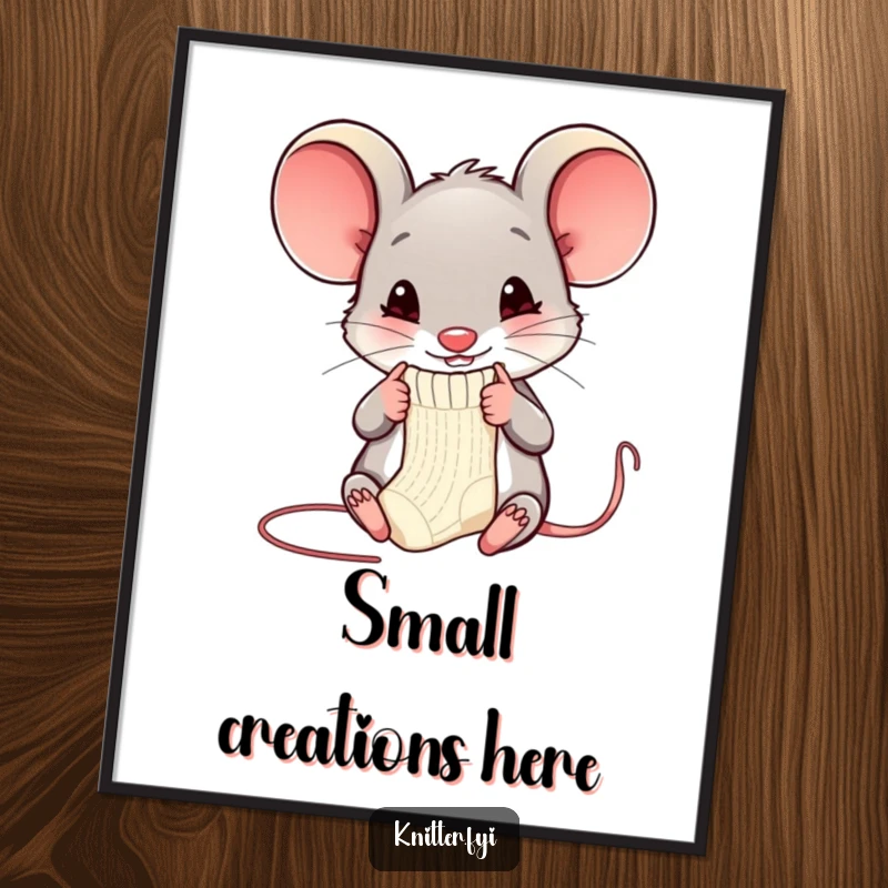 Funny mouse digital art print of a happy mouse knitting, humorous downloadable art.