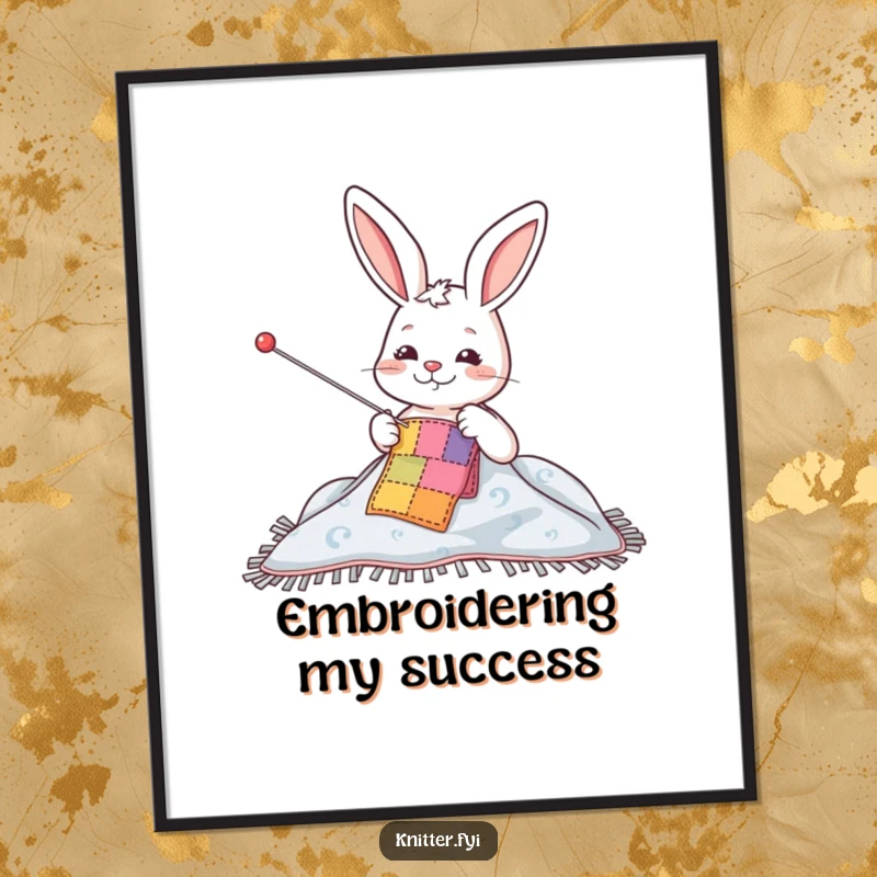 Funny digital art print of a happy rabbit character sewing a colorful patch onto a blanket with a giant needle, celebrating crafts.