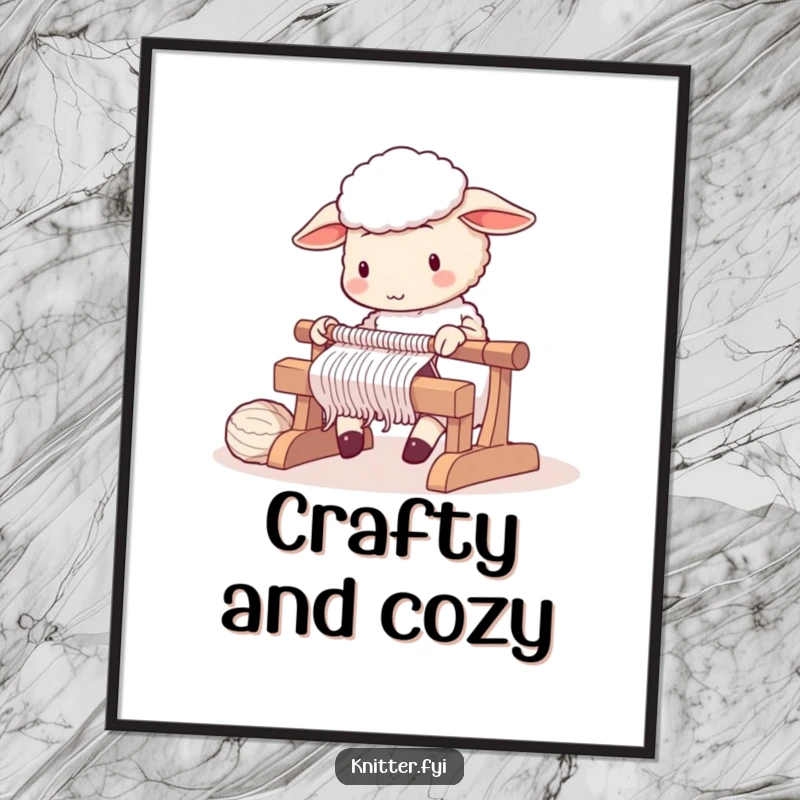 Cute sheep character diligently operating a knitting loom, as digital art.