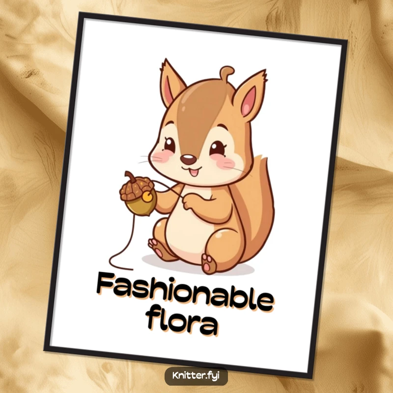 Funny Squirrel Digital Art Print: A cheerful squirrel carefully stitches a tiny acorn cap, perfect for printable wall decor.