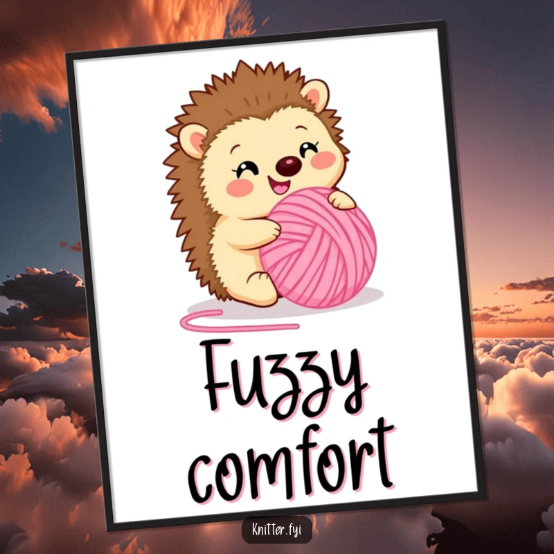 Funny digital art print of a happy hedgehog happily rolling a ball of fuzzy pink yarn. Whimsical and humorous decor, perfect funny gift.