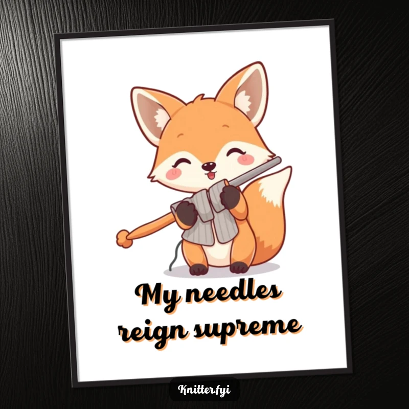 Funny fox knitting digital art print featuring a playful fox holding oversized knitting needles, full of whimsical crafting energy.