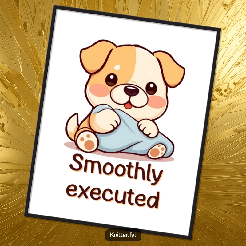 Funny Kawaii dog character diligently smoothing a piece of fabric with its paw, a downloadable digital art print for charming decor.