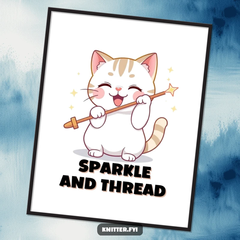 Funny digital art print of a playful cat character enthusiastically threading a giant, sparkling needle, celebrating feline focus.