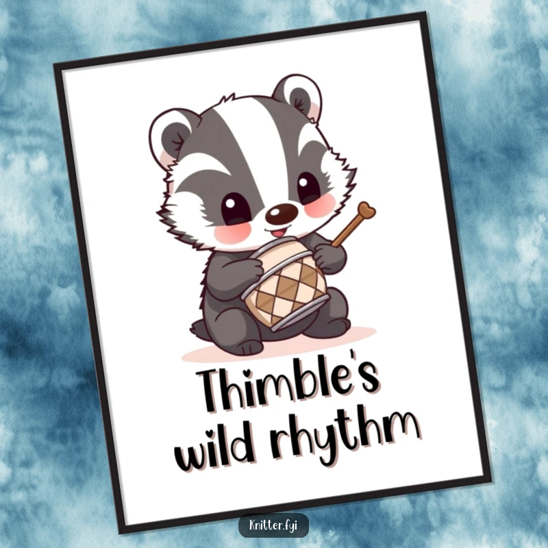 Funny badger drummer digital art print of a mischievous badger using a tiny thimble as a drum, high-quality download.
