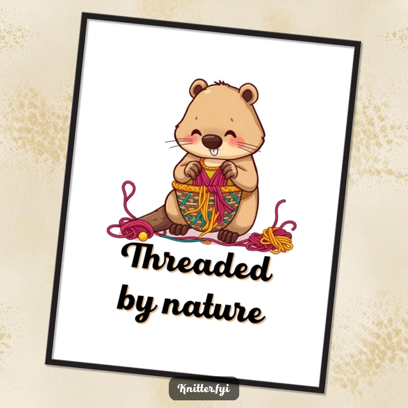 Funny beaver digital art print of a diligent character weaving an intricate basket from colorful threads, perfect for decor.