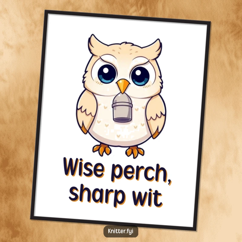 Funny owl digital art print of an owl with a thimble on its beak, looking delighted, perfect for instant humorous decor.