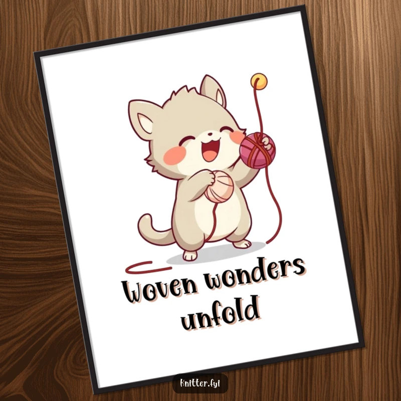 Funny digital art print of an energetic creature playfully swatting at a dangling thread from a ball of yarn, bursting with joy.