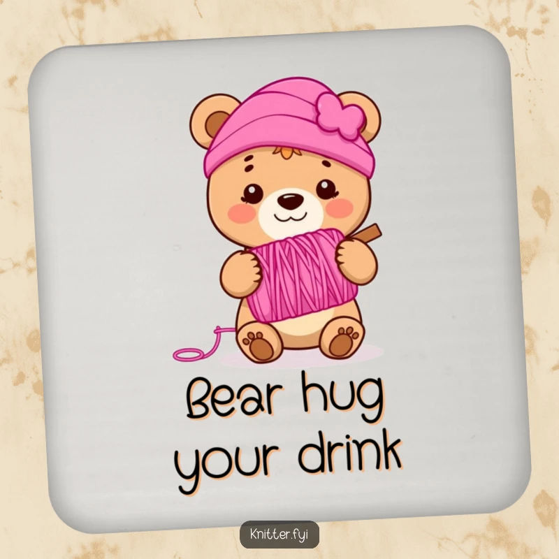 Funny bear cub drink coaster holding a spool of vibrant pink yarn, smiling, perfect for protecting surfaces with humor.