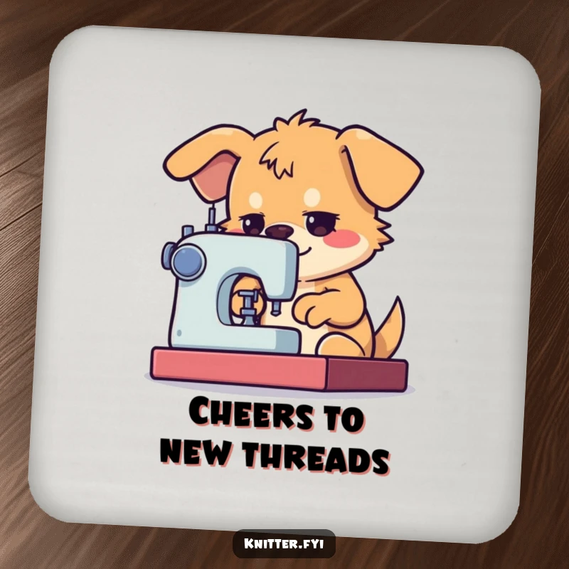 Funny Dog Sewing Coaster Set with a determined dog character using a sewing machine with great focus, perfect for tables.