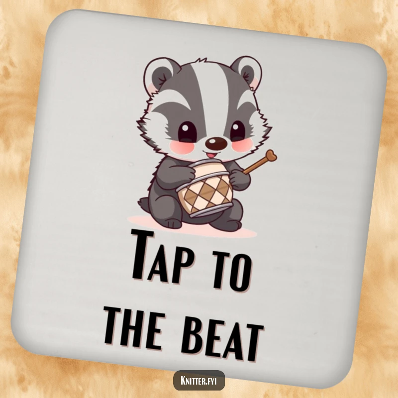Funny badger drummer coasters with a mischievous badger using a tiny thimble as a drum, protecting surfaces with art.
