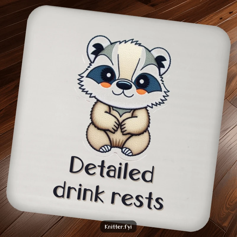 Funny badger coaster featuring a determined badger embroidering, a humorous way to protect surfaces.