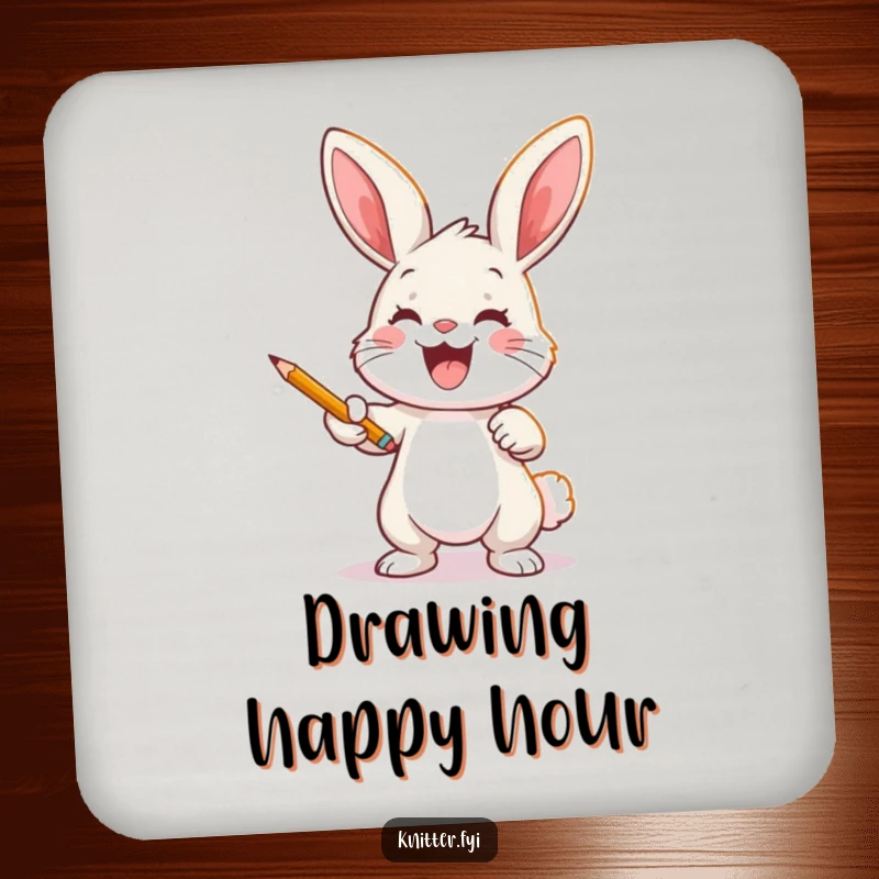 Funny bunny artist coasters with a joyful rabbit casting a pattern onto fabric with a pencil, protecting surfaces.