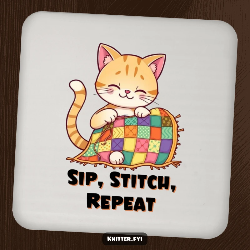 Funny cat coaster featuring a smiling cat focused on stitching a vibrant patchwork quilt, adding charm.