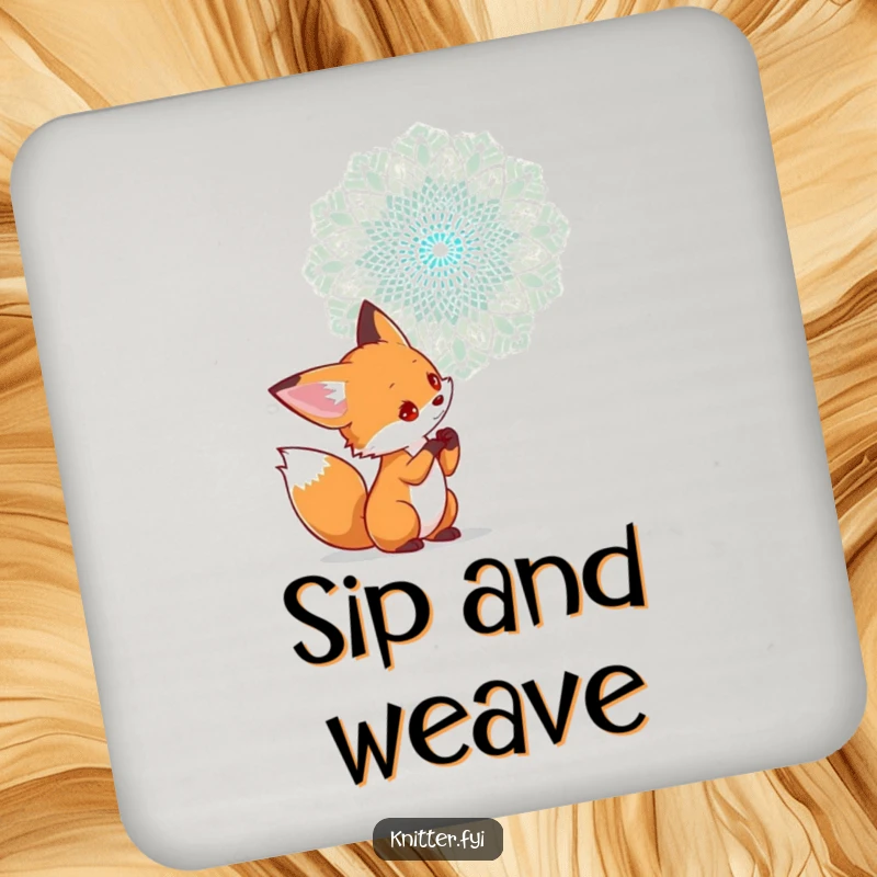 Funny drink coaster with a curious fox character examining a complex lace pattern being woven in the air, adding artistic charm.