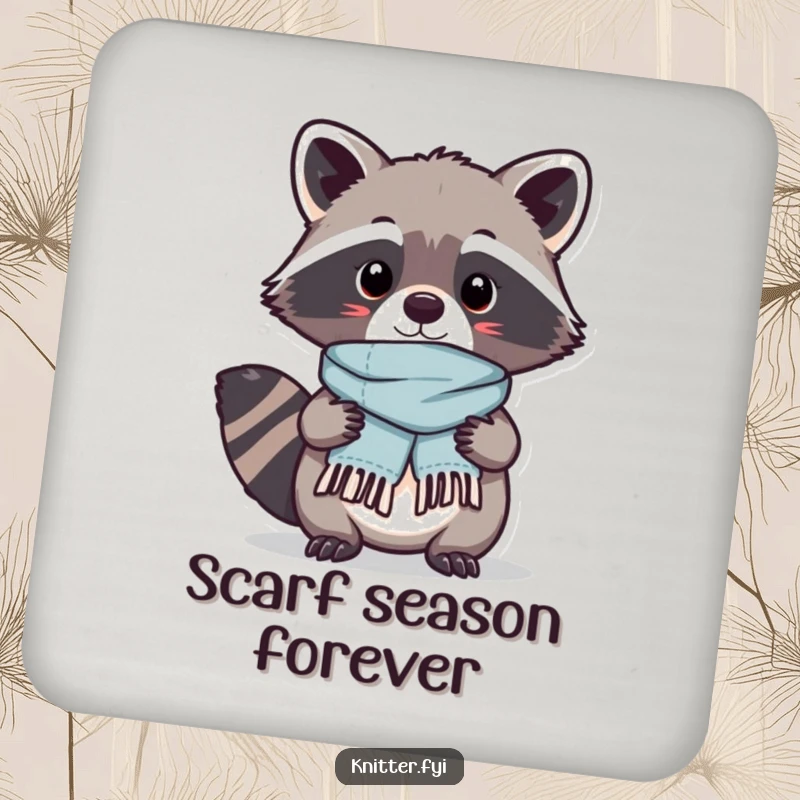 Funny Kawaii raccoon character proudly displaying a tiny, perfectly stitched scarf it just finished, a protective and humorous drink coaster.