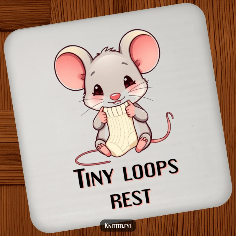 Funny mouse coaster featuring a happy mouse knitting, a humorous way to protect surfaces.