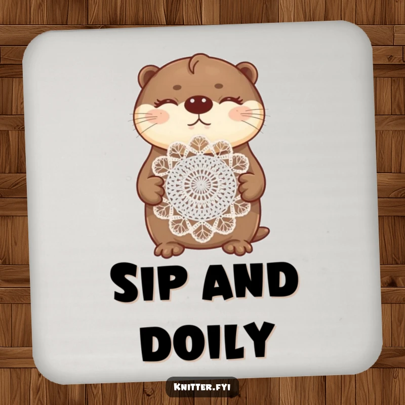 Funny otter coaster featuring a proud otter displaying a crocheted doily, adding charming decor.