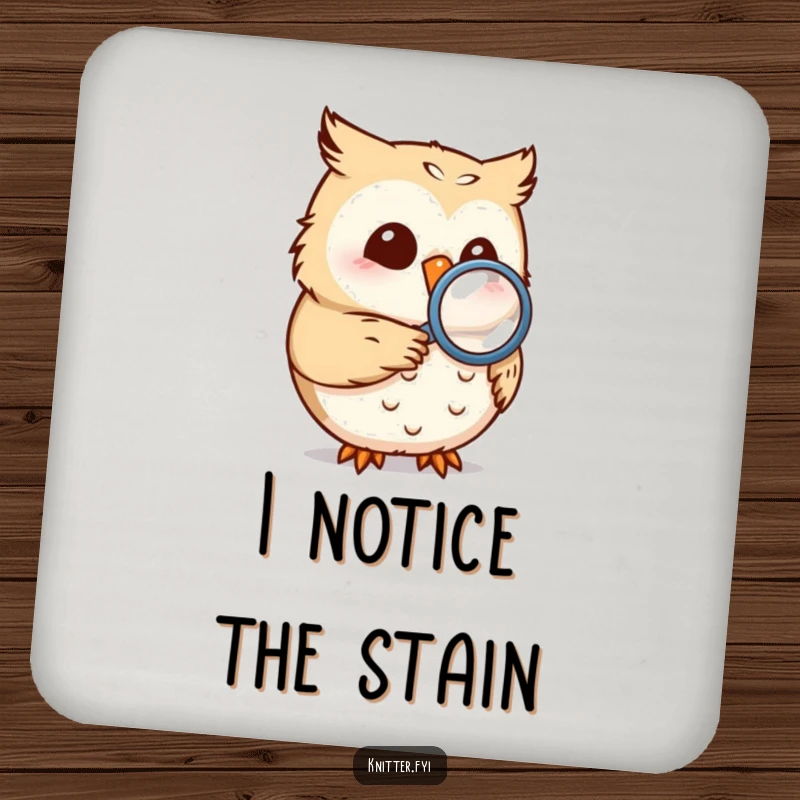 Funny owl coaster featuring a smiling owl with a magnifying glass examining a seam, a humorous way to protect surfaces.