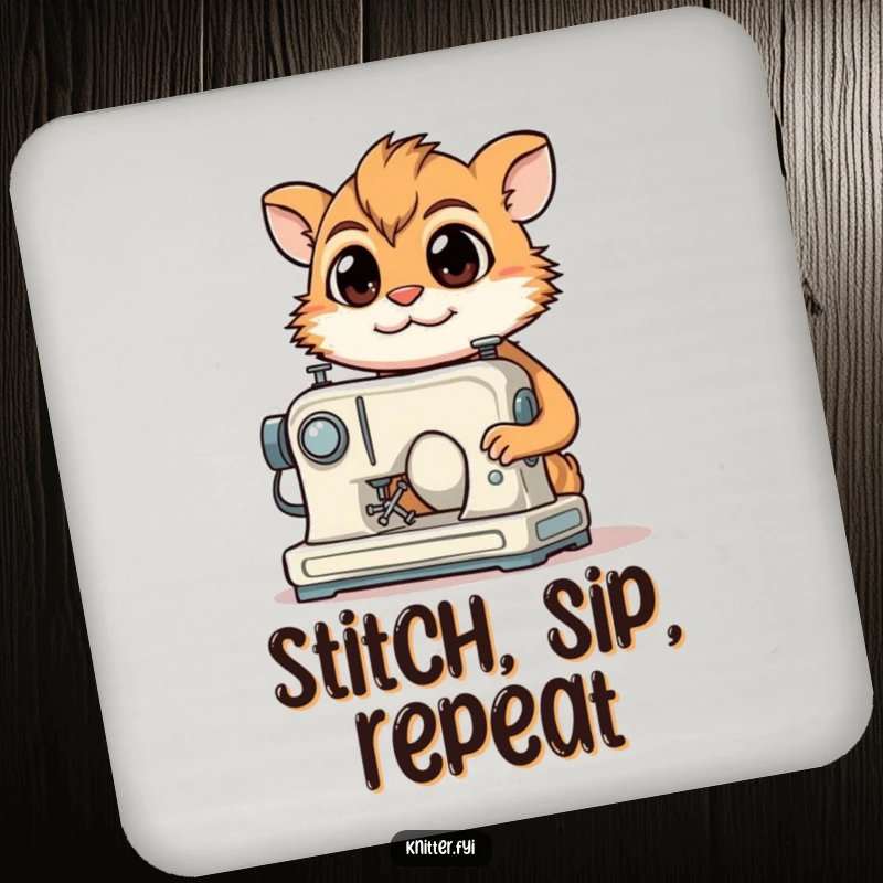 Funny Coaster: A determined creature with focused eyes smiles while sewing on a miniature machine, adding humor and protection.