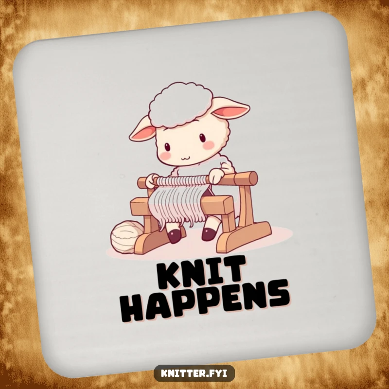 Cute sheep character diligently operating a knitting loom, on a drink coaster.