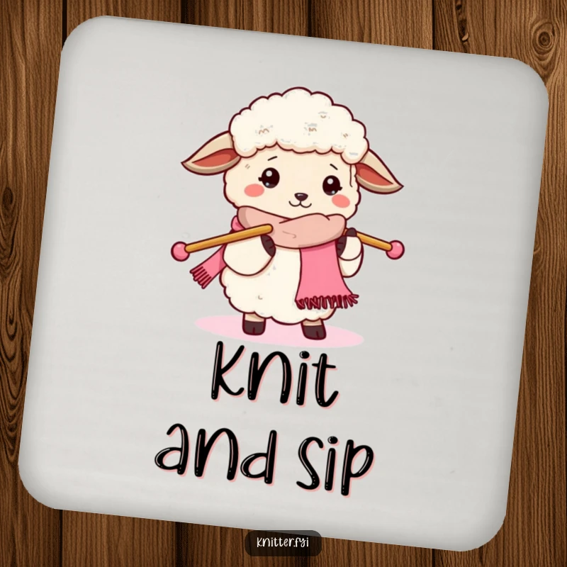 Funny sheep knitting drink coaster, showcasing a sheep busy with oversized needles and yarn, a protective and amusing accessory.