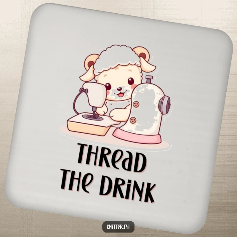 Funny sheepdog drink coaster illustrating a dog sewing with large buttons, adding a humorous touch to drink service.