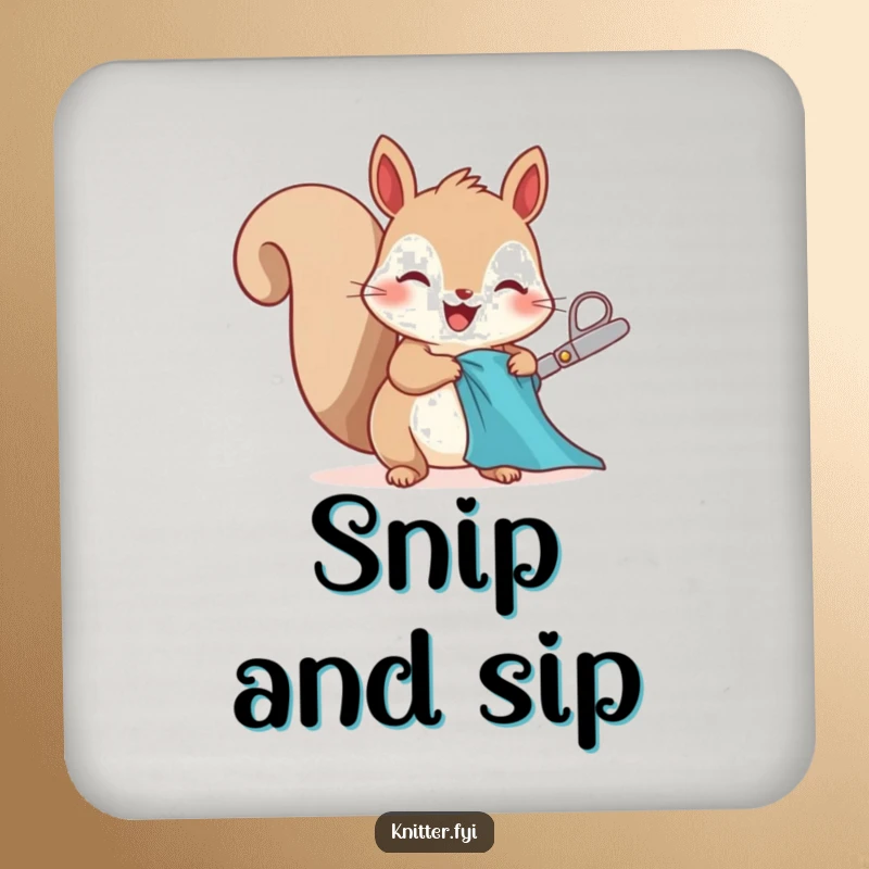 Funny squirrel coaster, happily cutting fabric, a charming and humorous accessory.