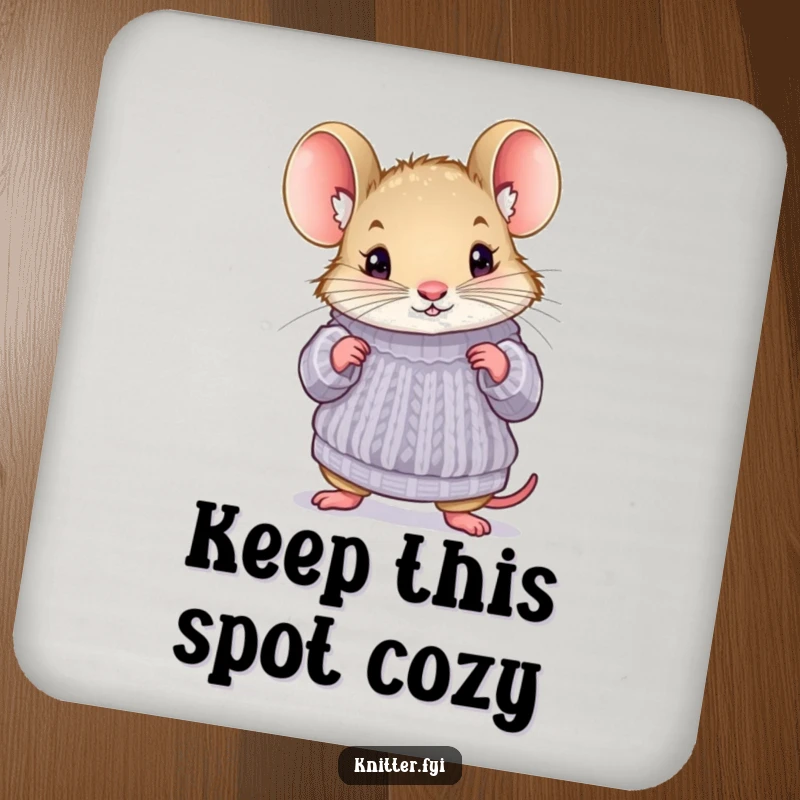 Funny mouse drink coaster featuring a curious mouse trying on a miniature knitted sweater, perfect for protecting surfaces with humor.